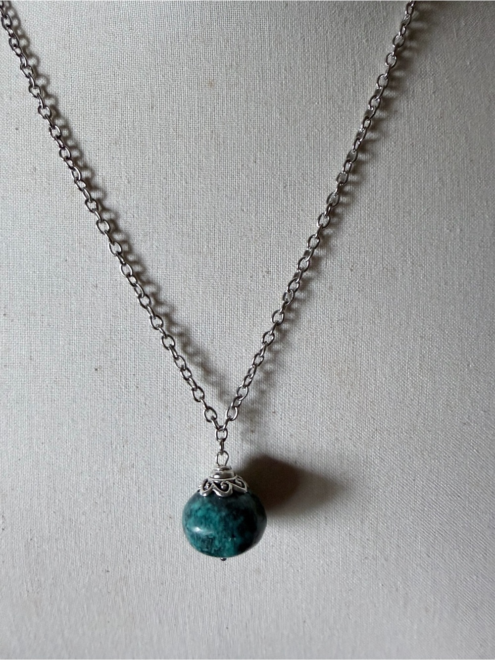 Teal Stone Pendant Necklace with Silver-Tone Chain